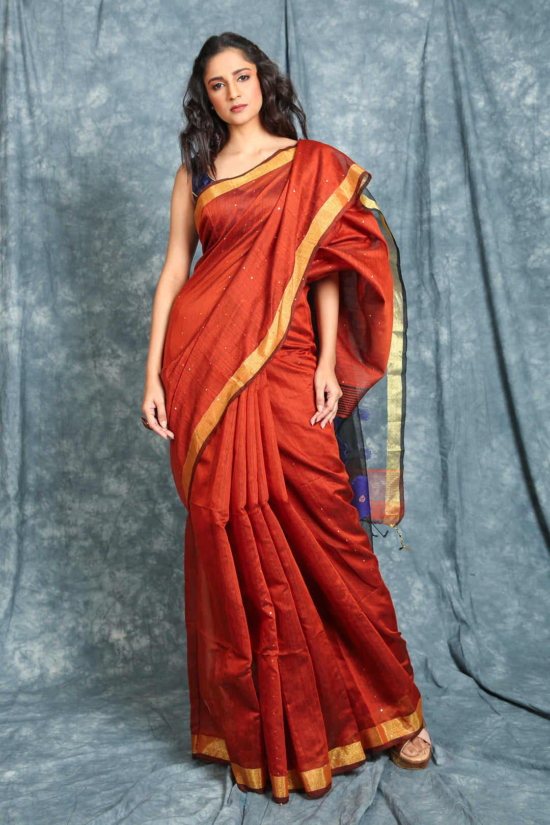 Rust Sequin Handloom Saree With Resham Designer Pallu