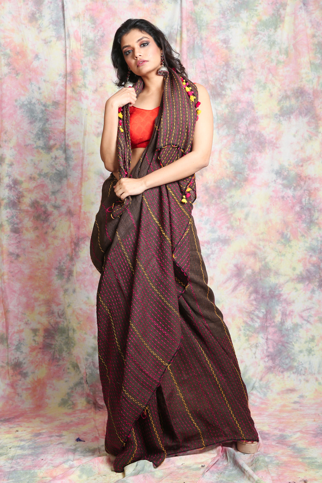 Syrup Brown Kantha Style Pure Linen Saree