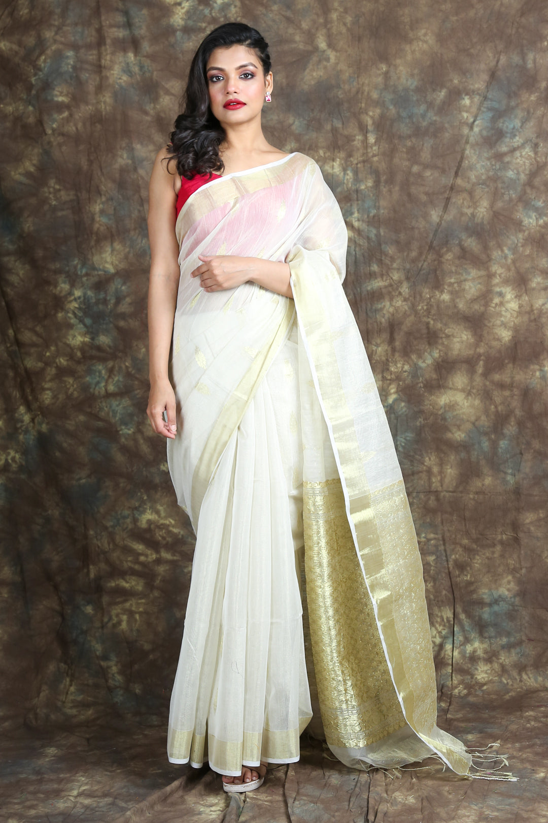 White Tissue Handwoven Soft Saree With Allover Zari Butta