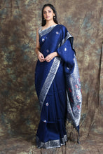 Load image into Gallery viewer, Blue Linen Banarasi Handwoven Soft Saree With Design Pallu
