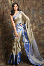 Load image into Gallery viewer, Dark Silver Silk With Blue Zari Work Border
