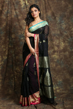 Load image into Gallery viewer, Black Pure Cotton Woven Handloom Saree With Dual Border
