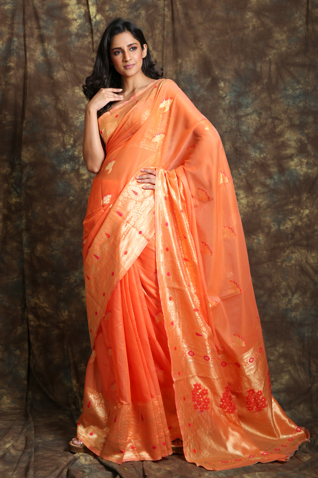Peach Woven Silk Saree