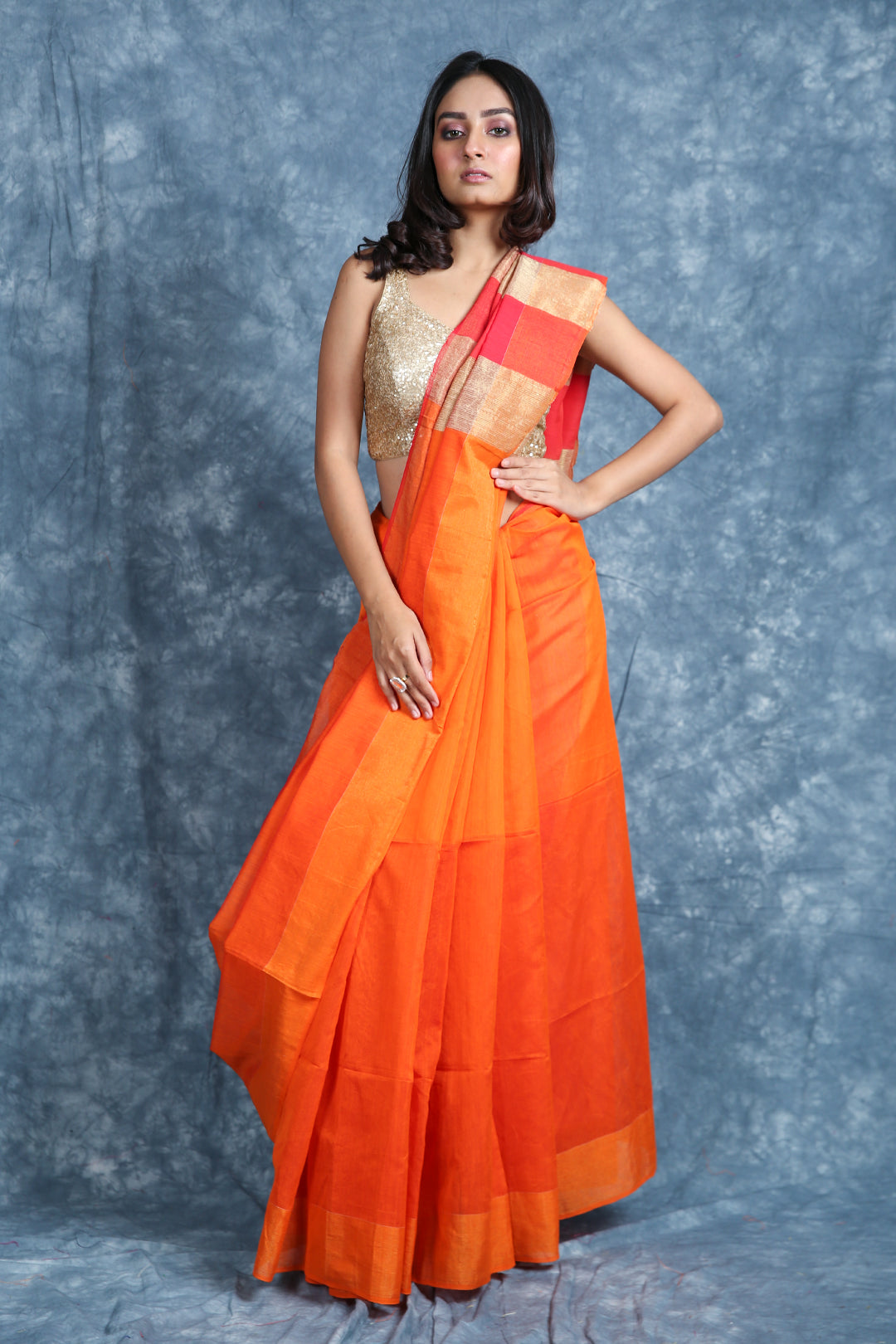 Orange Blended Cotton Handwoven Soft Saree With Multicolor Pallu
