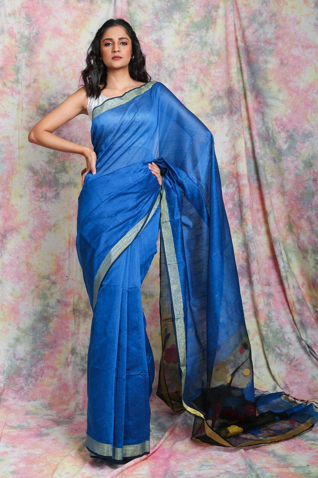 Azure Blue Sequin Handloom With Resham Designer Pallu