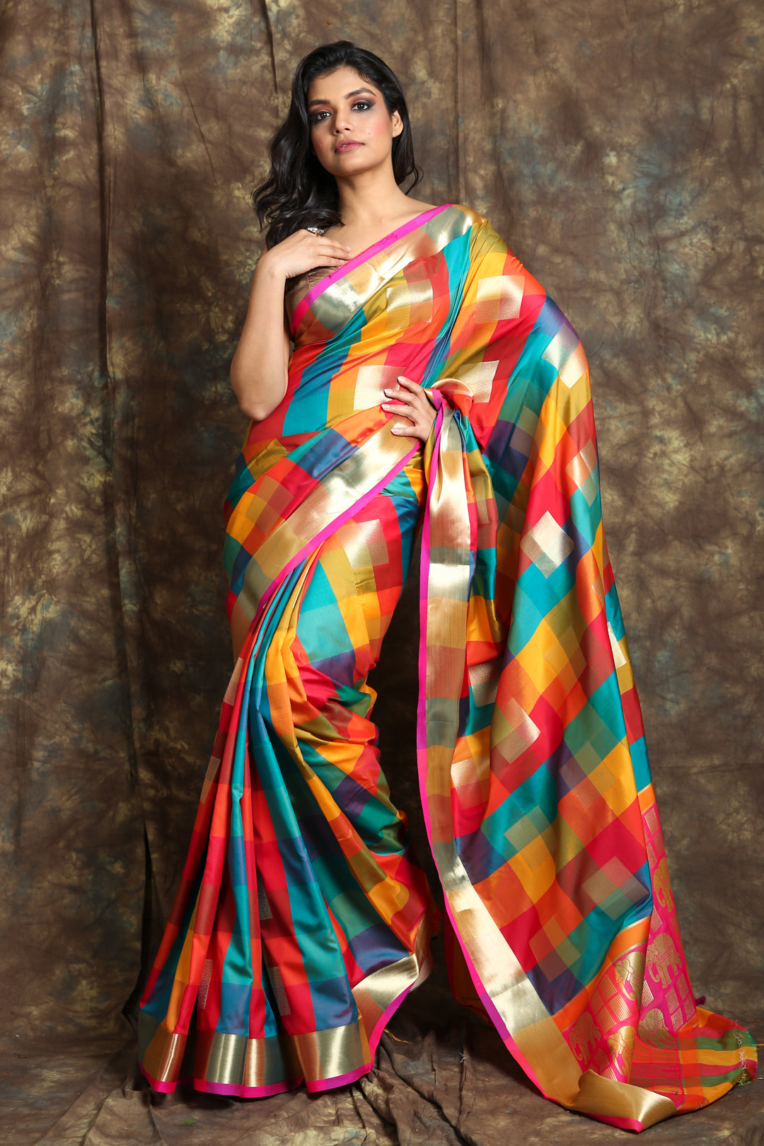 Multicolor Silk Saree With Zari Border