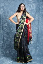 Load image into Gallery viewer, Black Blended Cotton Handwoven Soft Saree With Flower Design Border
