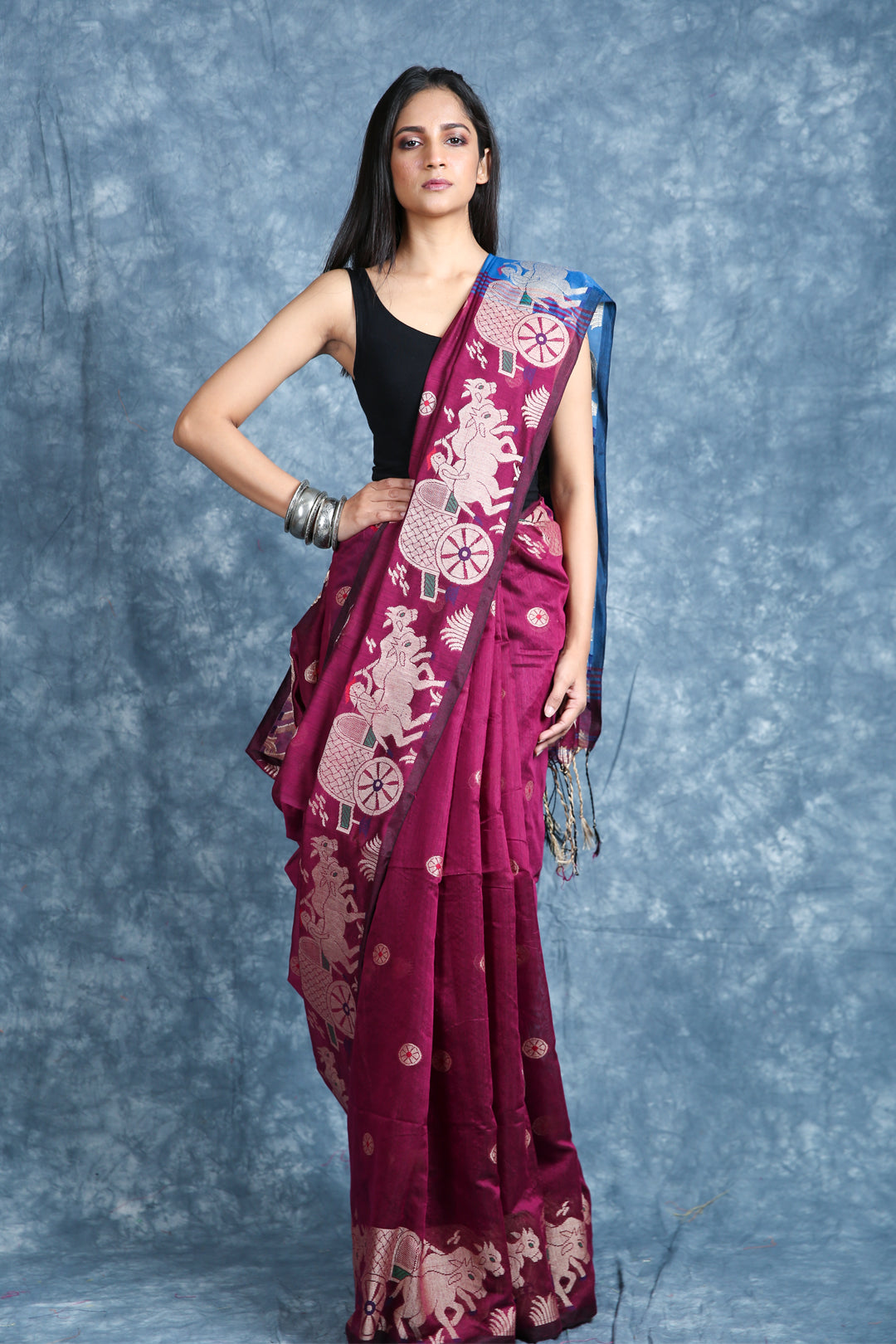 Magenta Blended Cotton Handwoven Soft Saree With Design Border