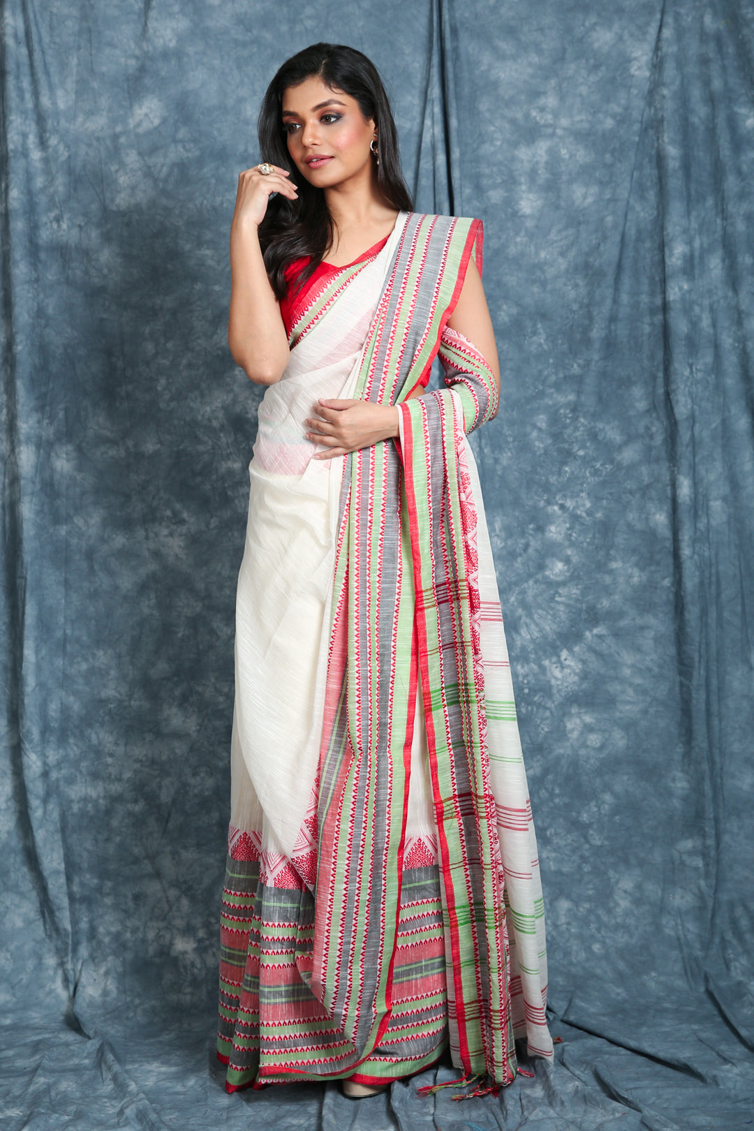 White Begampuri Pure Cotton Saree With Multicolor Skirt Border
