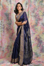 Load image into Gallery viewer, Blue Pure Cotton Handwoven Saree With Thread Work
