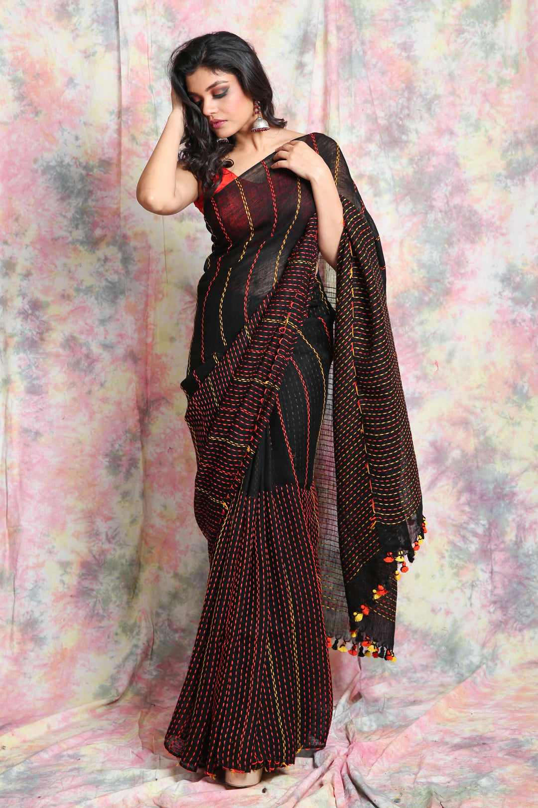 Black Kantha Style Pure Linen Saree