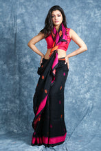 Load image into Gallery viewer, Black Linen Handwoven Soft Saree With Multicolor Pallu
