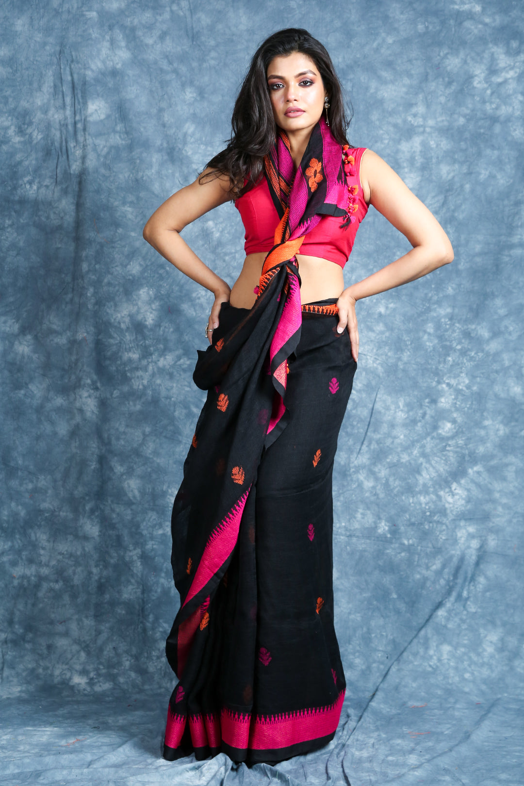 Black Linen Handwoven Soft Saree With Multicolor Pallu