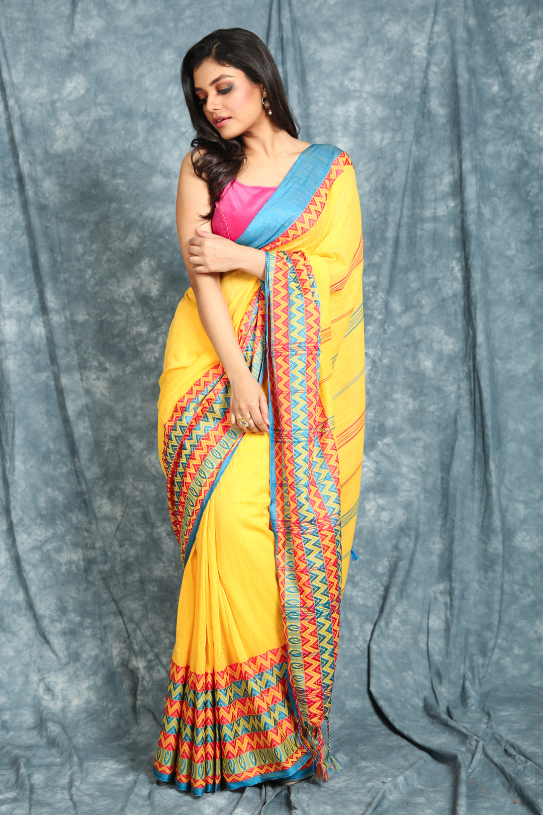 Yellow Begampuri Pure Cotton Saree With Skirt Border