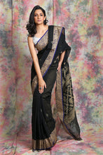 Load image into Gallery viewer, Black Pure Cotton Handwoven Saree With Thread Work
