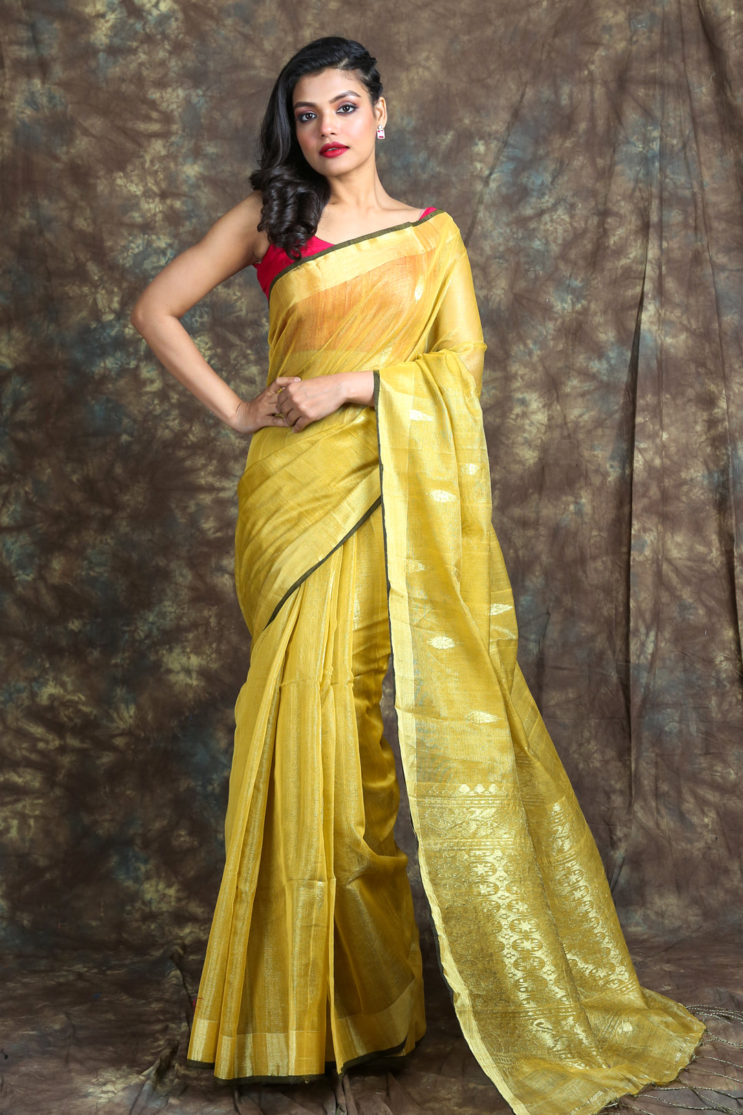 Yellow Tissue Handwoven Soft Saree With Allover Zari Butta
