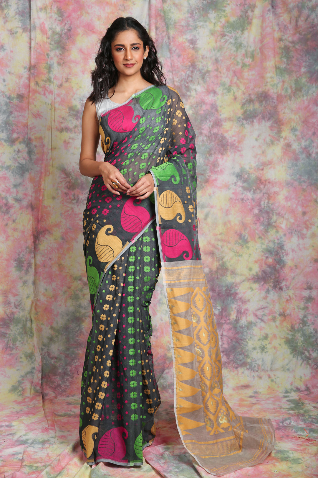 Grey Kalka Design Jamdani Saree With All Over Multicolor Butta
