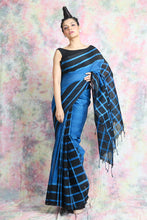 Load image into Gallery viewer, Blue Pure Cotton Handwoven Soft Saree With Box Design
