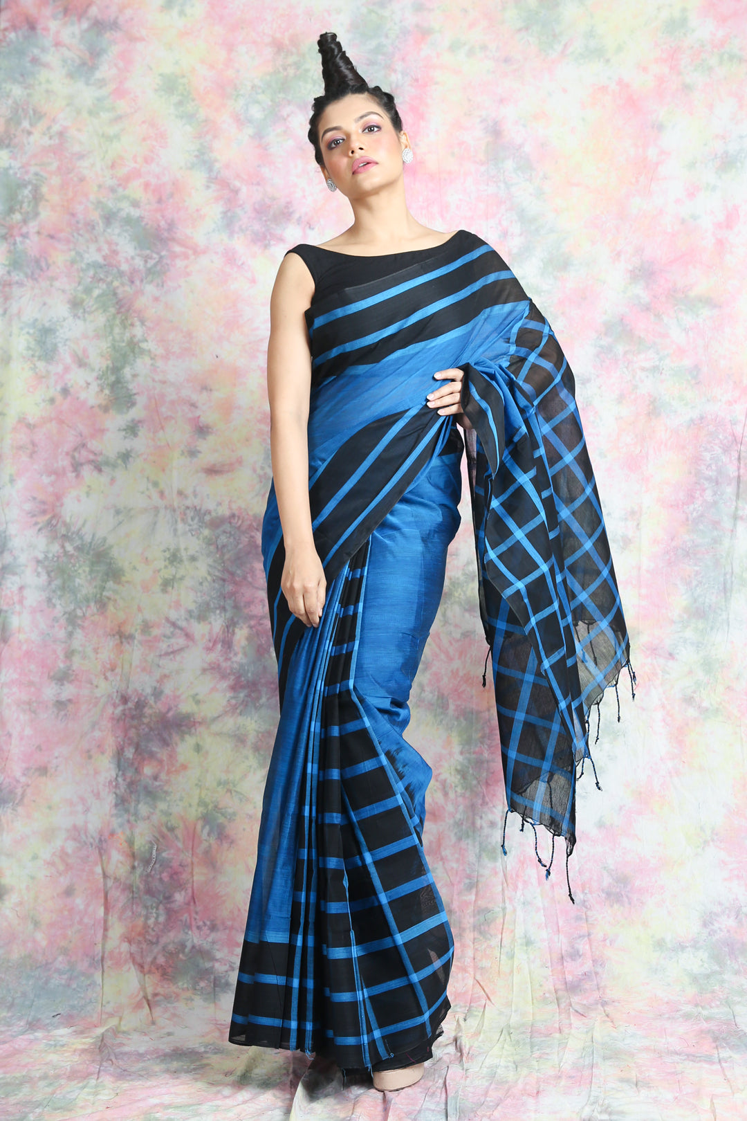 Blue Pure Cotton Handwoven Soft Saree With Box Design