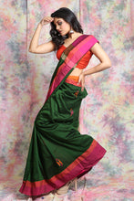 Load image into Gallery viewer, Forest Green Cotton Handloom Saree  With All Over Woven Motif And Dual Border
