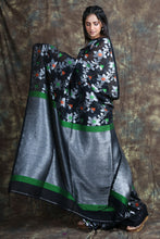 Load image into Gallery viewer, Black Handwoven Soft Saree With Allover Flower Design
