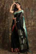 Load image into Gallery viewer, Black Pure Cotton Woven Handloom Saree With Dual Border
