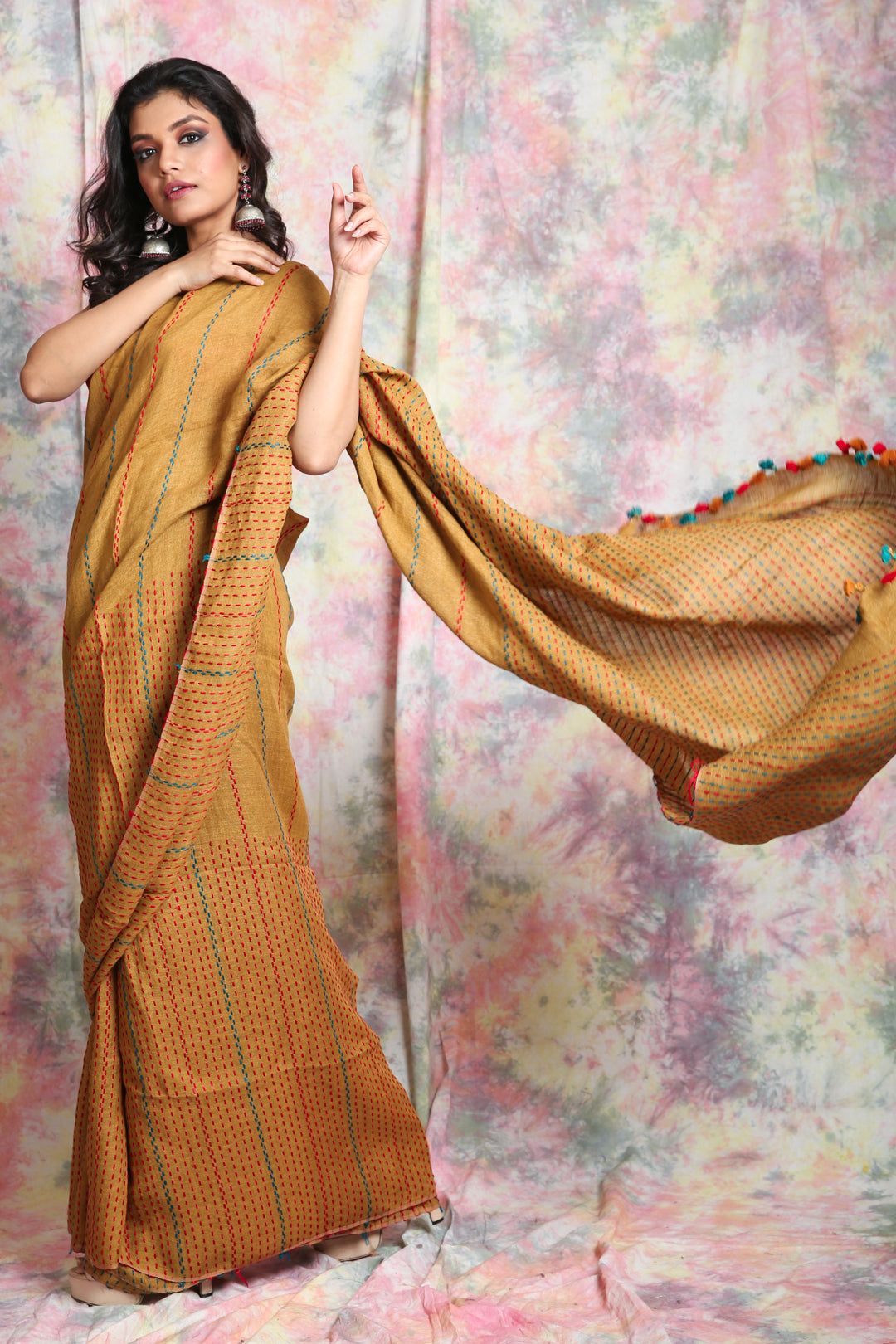 Tawny Brown Kantha Style Pure Linen Saree
