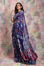 Load image into Gallery viewer, Dark Blue Jamdani Saree With All Over Multicolor Peacock Motif
