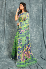 Load image into Gallery viewer, Kelly Green Jamdani Saree With All Over Multicolor Peacock Motif

