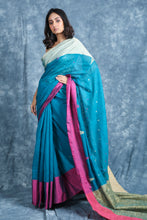 Load image into Gallery viewer, Blue Blended Cotton Handwoven Soft Saree With Gheecha Pallu
