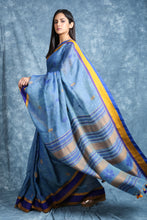 Load image into Gallery viewer, Shapphire Blue Linen Handwoven Soft Saree With Multicolor Pallu
