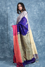 Load image into Gallery viewer, Blue Blended Cotton Handwoven Soft Saree With Gheecha Pallu
