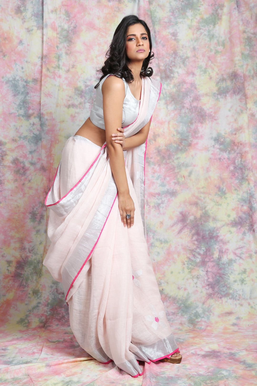 Baby Pink Pure Linen Saree With Silver Flower Motif In Body