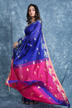 Load image into Gallery viewer, Blue Blended Cotton Handwoven Soft Saree With Flower Design Border
