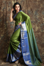 Load image into Gallery viewer, Pine Green Silk Saree With Blue Zari Work Border
