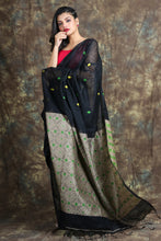 Load image into Gallery viewer, Black Matka Handwoven Soft Saree With Design Pallu
