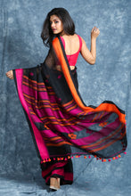 Load image into Gallery viewer, Black Linen Handwoven Soft Saree With Multicolor Pallu

