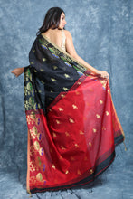 Load image into Gallery viewer, Black Blended Cotton Handwoven Soft Saree With Flower Design Border

