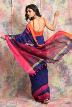 Load image into Gallery viewer, Deep Blue Cotton Handloom Saree With All Over Woven Motif And Dual Border.
