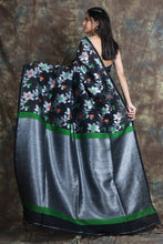 Load image into Gallery viewer, Black Handwoven Soft Saree With Allover Flower Design
