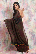 Load image into Gallery viewer, Black Kantha Style Pure Linen Saree

