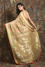 Load image into Gallery viewer, Dark Beige Pure Linen Saree With Golden Flower Motif In Body
