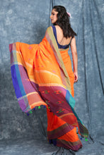 Load image into Gallery viewer, Orange Handloom saree With Thread Work And Dual Border
