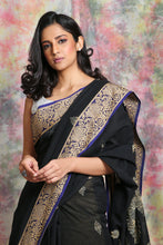 Load image into Gallery viewer, Black Pure Cotton Handwoven Saree With Thread Work
