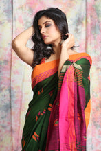 Load image into Gallery viewer, Forest Green Cotton Handloom Saree  With All Over Woven Motif And Dual Border
