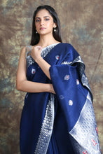 Load image into Gallery viewer, Blue Linen Banarasi Handwoven Soft Saree With Design Pallu
