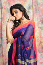 Load image into Gallery viewer, Deep Blue Cotton Handloom Saree With All Over Woven Motif And Dual Border.
