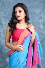 Load image into Gallery viewer, Sky blue Blended Cotton Handwoven Soft Saree With Multicolor Design Pallu
