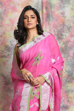 Load image into Gallery viewer, Pink Pure Linen Saree With Flower Motif In Body And Silver Border
