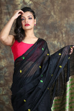 Load image into Gallery viewer, Black Matka Handwoven Soft Saree With Design Pallu
